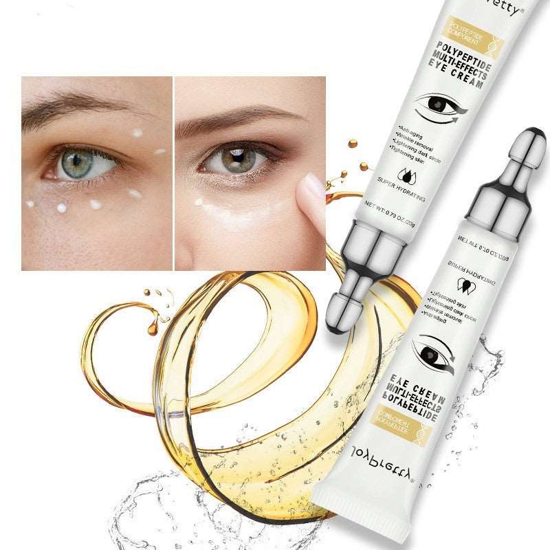 Collage of Sweet Deals Anti Dark Circle Eye Cream Peptide Puffiness Skin Care Beauty Health product with two close-up images of eyes, one showing the cream application. Golden swirls and droplets accentuate the prominently displayed cream tube, ideal for moisturizing skin.