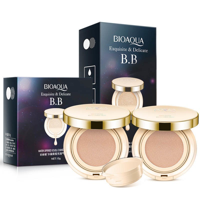 Image of Sweet Deals Bioaqua Air Cushion BB Cream 3 Color Concealer Moisturizing Foundation Whitening Flawless Makeup Bare For Face Beauty Makeup products, featuring two moisturizing foundation compacts with mirrors and sponges, displayed next to their matching packaging boxes adorned with a starry night design.