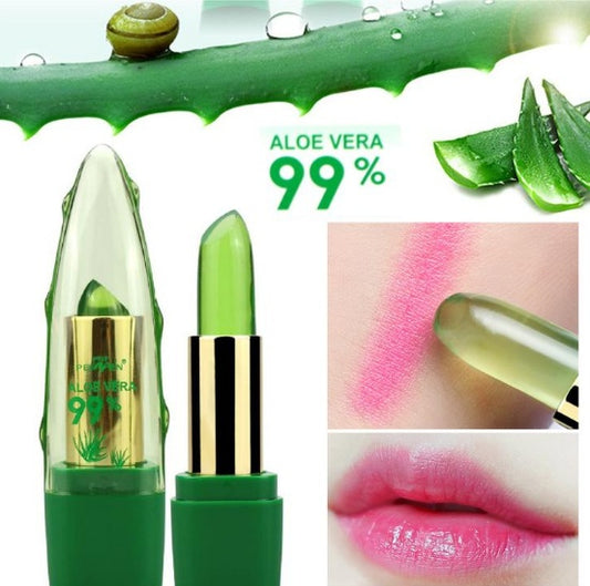 Collage featuring Sweet Deals' Aloe Vera Gel Color Changing Lipstick Gloss Moisturizer Anti-drying Desalination Fine-grain Lip Balm Care, including cut aloe leaves, a droplet on leaf, and its application on pink lips. Text states