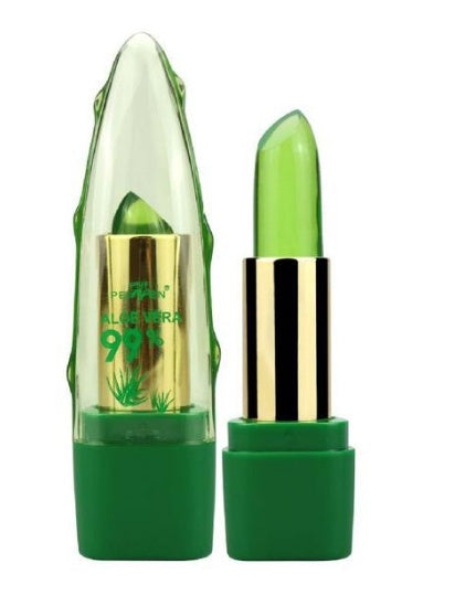 A Sweet Deals Aloe Vera Gel Color Changing Lipstick Gloss in a unique, translucent aloe vera-themed case, with golden accents and black stripes on the tube, emphasizing a fresh and natural cosmetic style.