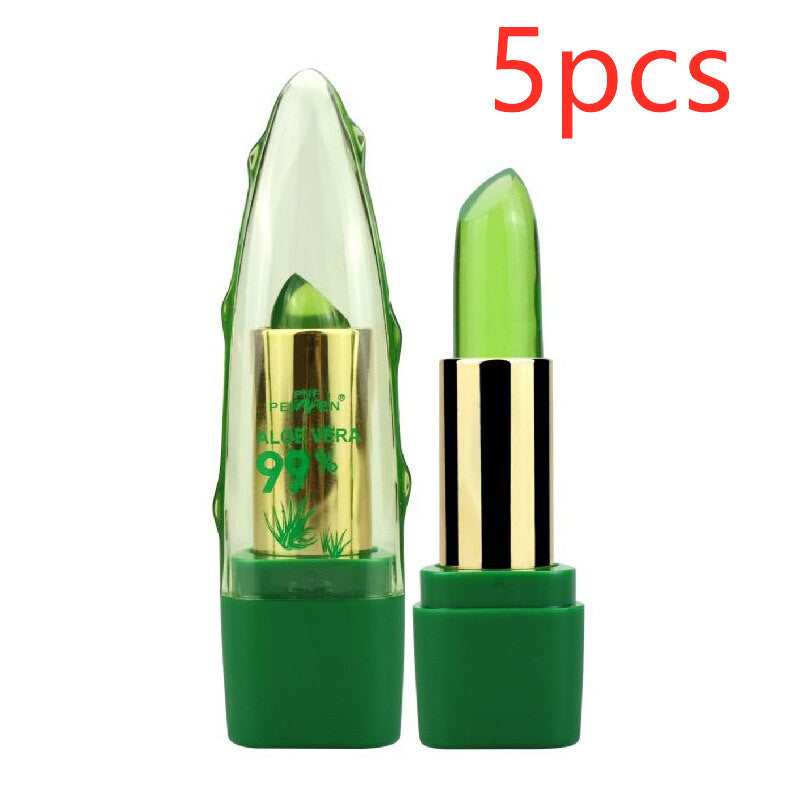 Two green lipsticks with translucent and opaque designs, featuring gold accents and decorative elements, labeled &quot;Aloe Vera Gel Color Changing Lipstick Gloss  Moisturizer Anti-drying Desalination Fine-grain Lip Blam Care by Sweet Deals&quot;.