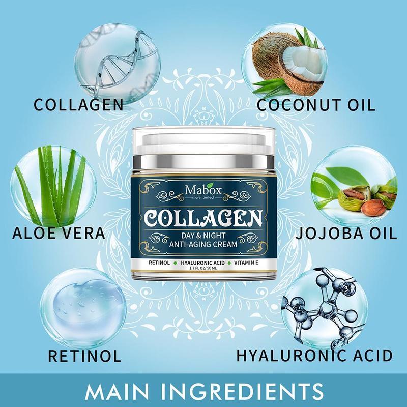 Illustration showing a jar of Sweet Deals Collagen Moisturizing Facial Cream Skin Care Products surrounded by its main moisturizing ingredients: collagen, coconut oil, aloe vera, jojoba oil, retinol, and hyalur