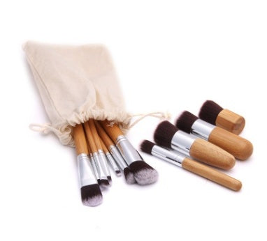 11 bamboo handles, makeup brush, tool set, linen bag, blush brush, foundation brush, and a full set of makeup..