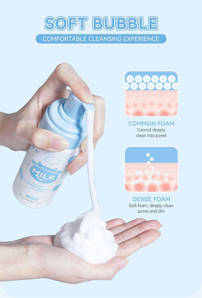 A hand squeezing a dense, creamy foam from a blue and white bottle labeled &quot;Sweet Deals 120ml Pore Cleaning Skin Care Product,&quot; illustrating stages of the foam&