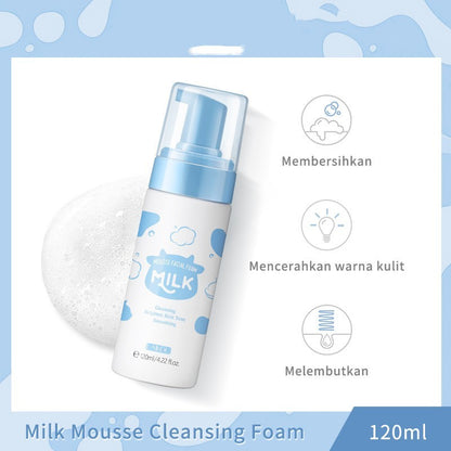 A bottle of Sweet Deals 120ml pore cleaning skin care product displayed against a light blue background with milk splash graphics. Icons indicate skin benefits: hydration, brightening, softening, and pore cleaning.