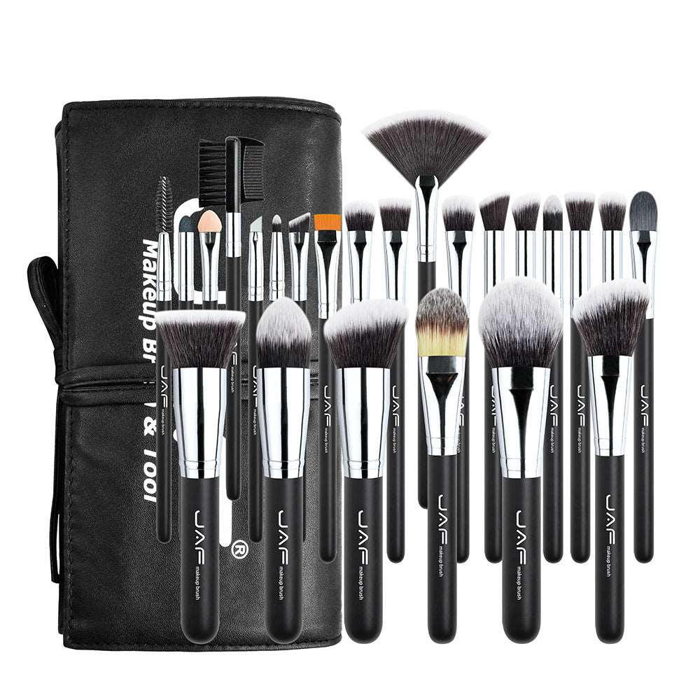 A set of twenty-four black and silver Sweet Deals professional makeup brushes of various sizes, displayed with a black makeup bag.