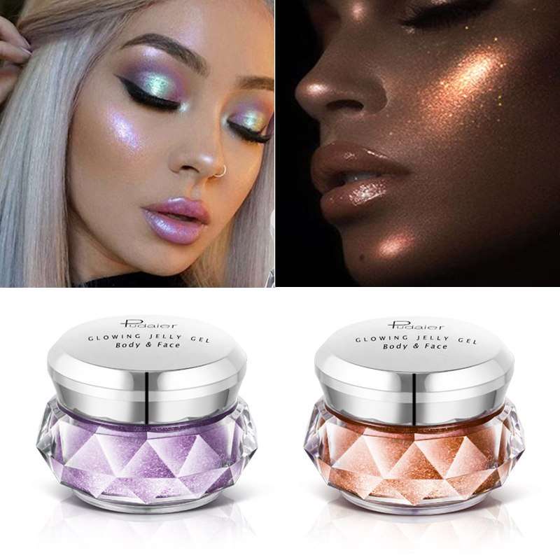 Two split images displaying women with shimmering makeup on their faces, and two jars of Sweet Deals Face Highlighter Jelly Gel cosmetic products, one purple and one bronze, for face and body.