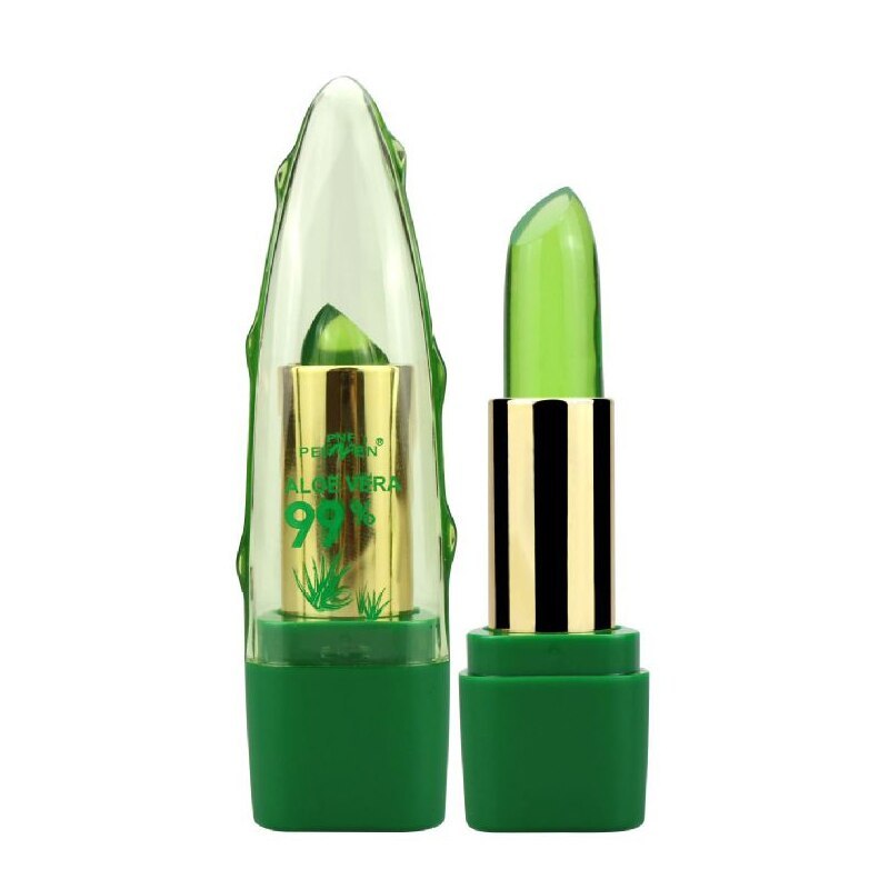 A vibrant green, Sweet Deals Aloe Vera Gel Color Changing Lipstick Gloss with a unique, crystal-shaped cap next to an open Sweet Deals Aloe Vera Gel Color Changing Lipstick Gloss with a matching green shade in a striped gold and black tube, set against a white background.