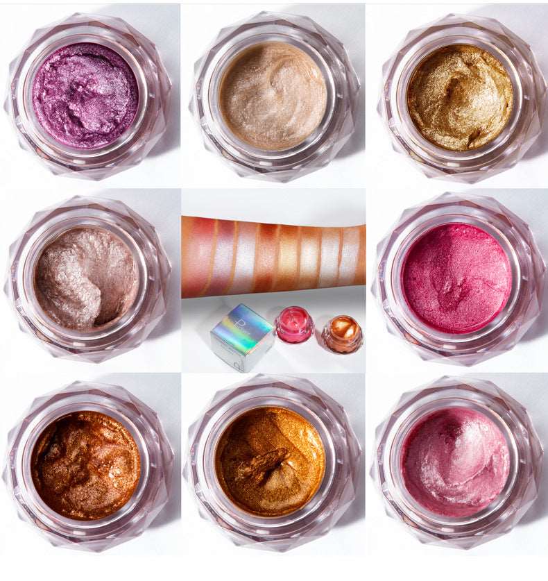 Nine images of open Sweet Deals cream eyeshadow pots in various shades including purple, bronze, gold, and pink, arranged in a grid. Below the pots is a swatch of each waterproof color.