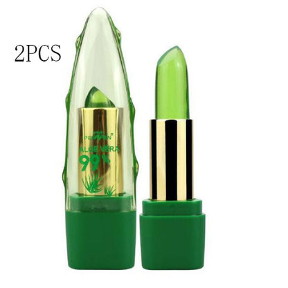 Two tubes of Sweet Deals Aloe Vera Gel Color Changing Lipstick Gloss Moisturizer Anti-drying Desalination Fine-grain Lip Blam Care, one closed and one open, displayed against a white background. The open tube reveals a color changing green lipstick.
