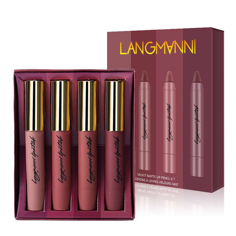 A set of five Sweet Deals Matte Moisturizing Lipstick Pens in varying shades of pink and nude, displayed next to their packaging which is a burgundy box with gold text.