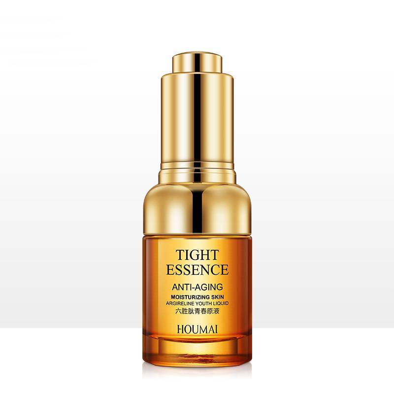 A product image of &quot;Care And Brightening Skin Care Products&quot; serum with hyaluronic acid by Sweet Deals in a golden pump bottle on a white background.