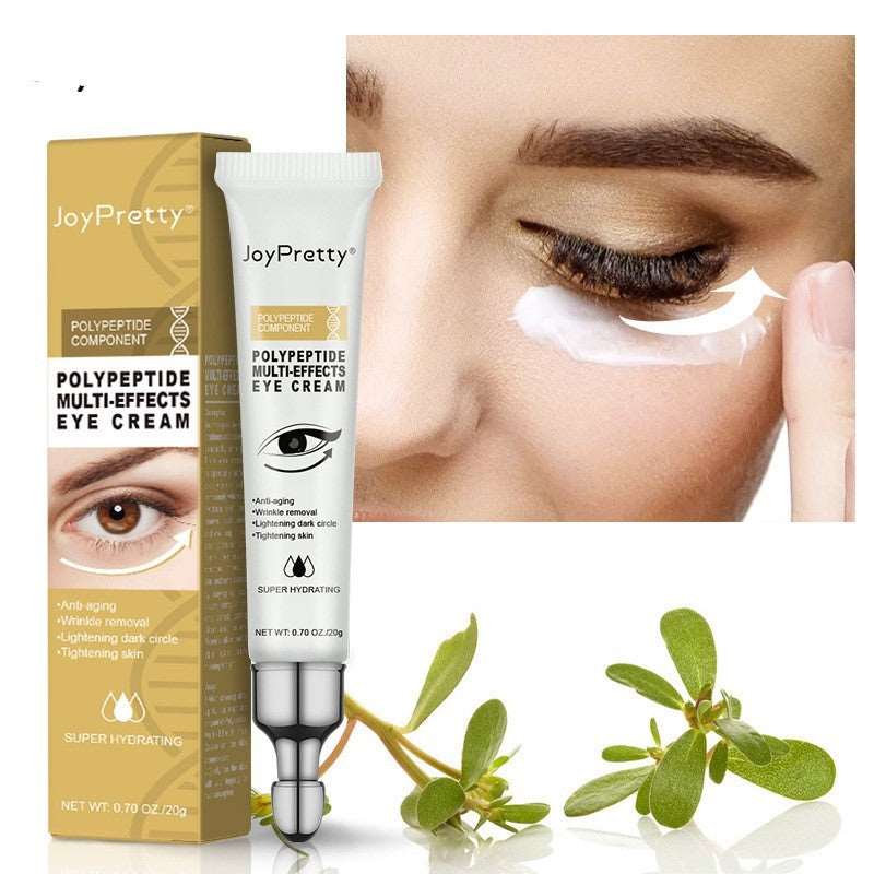 Advertisement for Sweet Deals Anti Dark Circle Eye Cream Peptide Puffiness Skin Care Beauty Health featuring a box and tube of the product, images of eye application, and green leaves as decoration. Emphasizes multi-effects like moisturizing skin, hydration, and more.