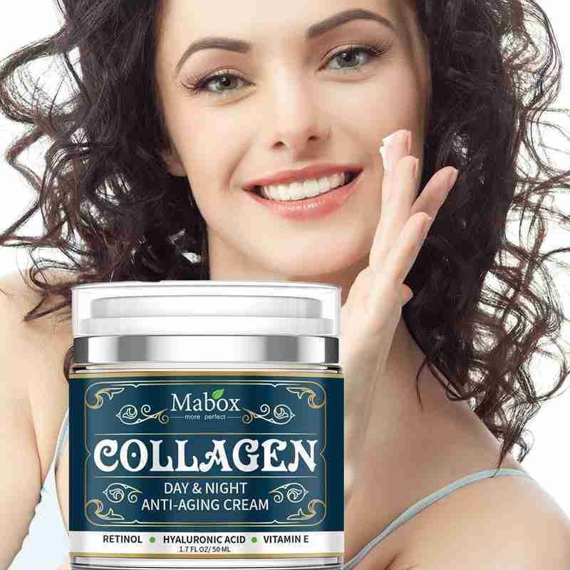 A smiling woman with dark curly hair touches her cheek, holding a jar of Sweet Deals collagen moisturizing facial cream labeled with retinol, hyaluronic acid, and vitamin E.
