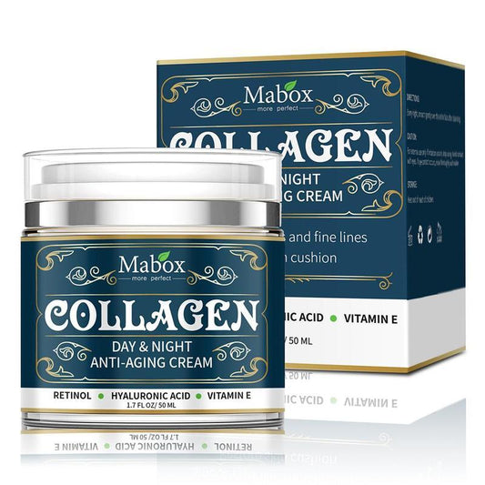Product image of Sweet Deals Collagen Moisturizing Facial Cream Skin Care Products in a white container, with packaging featuring elegant blue and gold design, highlighting key ingredients like retinol and vitamin.