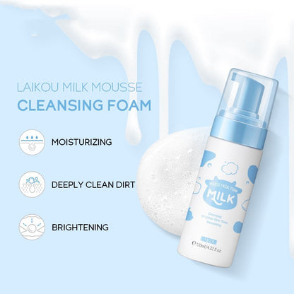 Promotional image for Sweet Deals 120ml Pore Cleaning Skin Care Product featuring the product bottle alongside a foam ball, with icons indicating it is moisturizing, provides deep cleaning, and brightens. A light blue