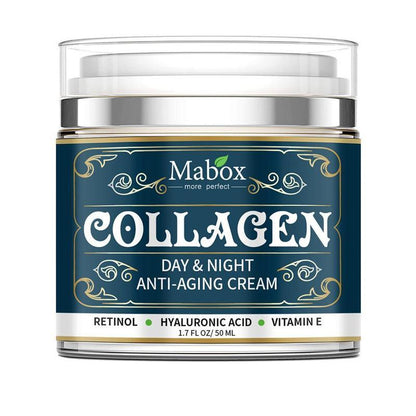 A jar of Sweet Deals Collagen Moisturizing Facial Cream Skin Care Products, featuring retinol, hyaluronic acid, and vitamin e. The product is in a clear jar with
