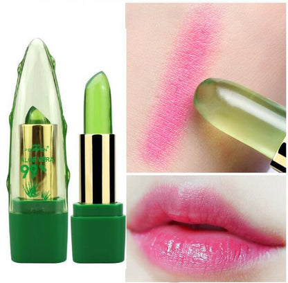 A collage featuring a Sweet Deals Aloe Vera Gel Color Changing Lipstick Gloss in an elegant case, a swatch of the Identity Sheer lipstick shade on skin, and a close-up of lips wearing the pink lipstick.