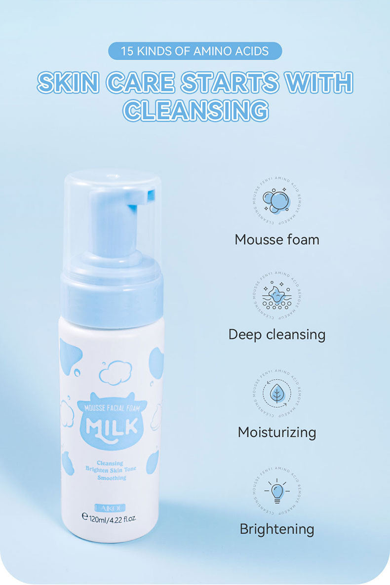 Image showing a Sweet Deals skincare product, a facial cleansing milk mousse with a blue and white bottle, emphasizing benefits such as containing 15 kinds of amino acids, deep cleaning, moisturizing, and brightening