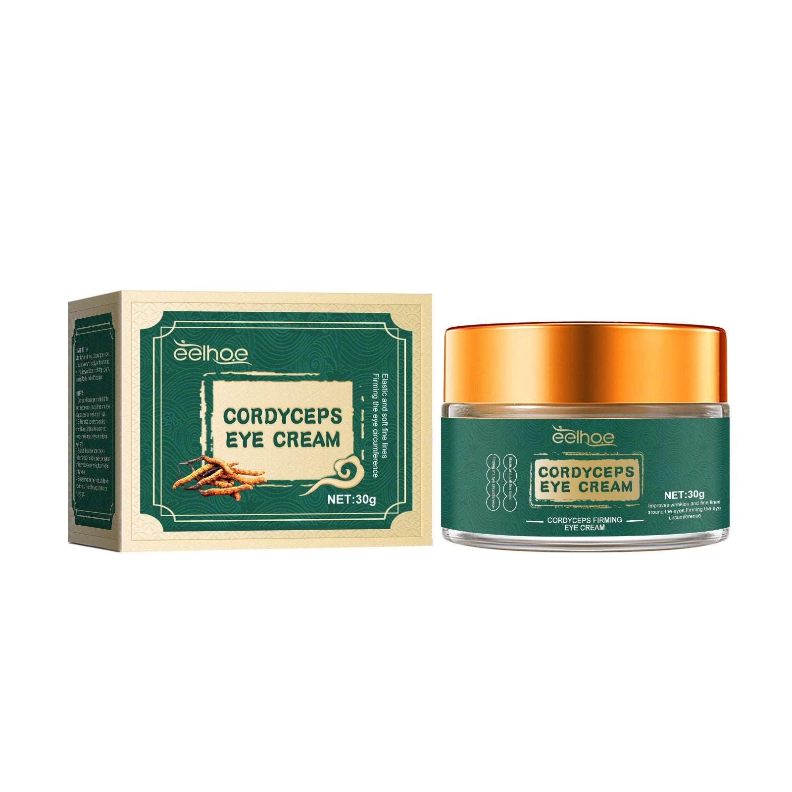 Product packaging and jar of Sweet Deals Cordyceps Eye Cream Fade Bags And Dark Circle Fine Lines, featuring a green and gold box beside an orange and green cream jar, both labeled with product details including Cordyceps Extract.