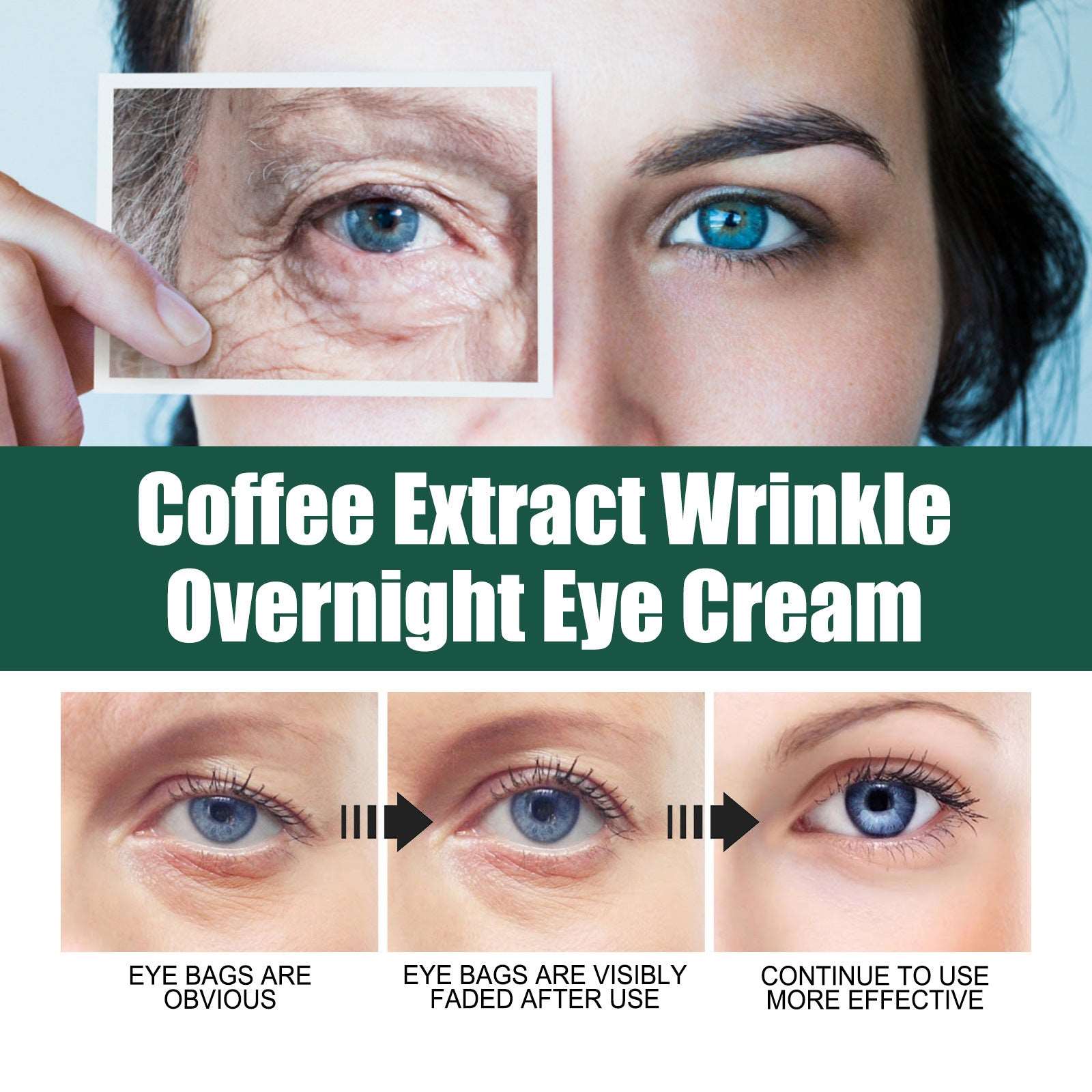 Advertisement for Cordyceps Eye Cream Fade Bags And Dark Circle Fine Lines from Sweet Deals, showcasing before and after images of eye bags treatment, highlighting the visible reduction in wrinkles and eye bags.