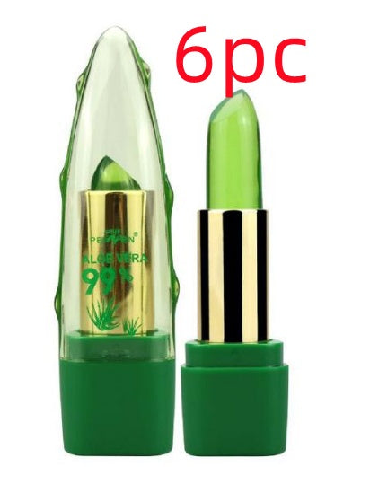 Two Sweet Deals Aloe Vera Gel Color Changing Lipstick Gloss Moisturizer Anti-drying Desalination Fine-grain Lip Blam Care, one shaped like a leaf and the other shown with its cap off, standing next to each other, with text &quot;6pc&quot; in red overlaid at the top.