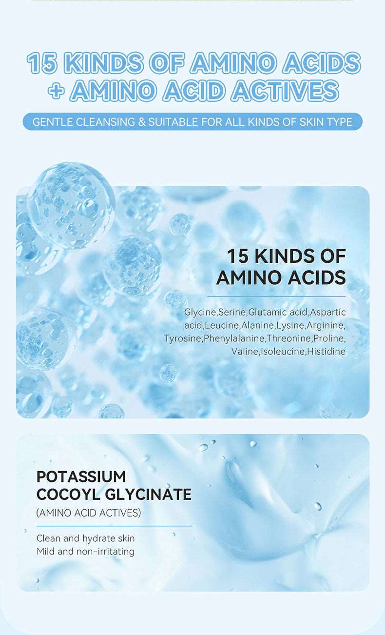 Promotional poster for Sweet Deals skincare products highlighting the &quot;15 kinds of amino acids&quot; with focus on deep cleaning suitable for all skin types. Features bubbles, water splashes, and details about ingredients like potassium cocoy.