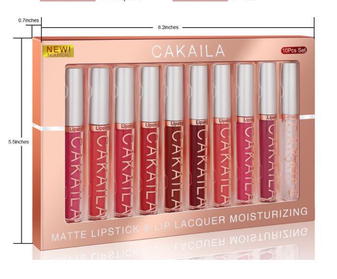 Packaging image for the Sweet Deals brand Pack Of 10 Matte Nonstick Cup Waterproof Lip Gloss set displaying eight products arranged side by side in shades of nude to red, with product dimensions noted on the edges.
