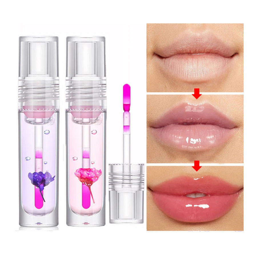 Image showcasing two Flower Color Changing Lip Oil Moisturizing Jelly Lipgloss Clear Temperature Change Liquid Lipsticks from Sweet Deals with applicators alongside before and after application photos on lips, demonstrating the moisturizing gloss effect.