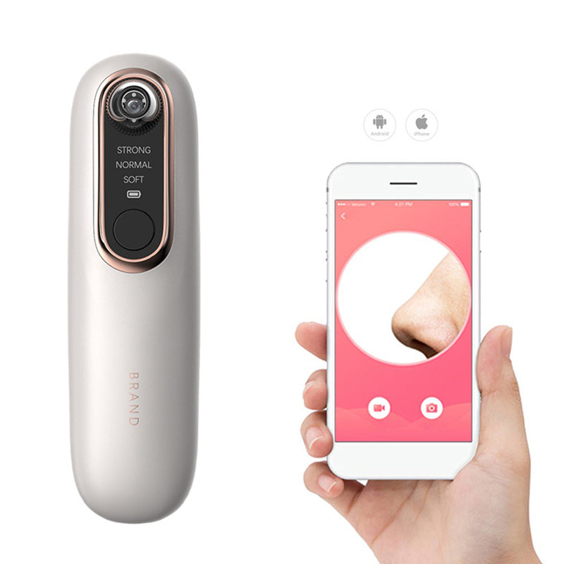 A handheld UDU visual blackhead suction instrument, compact in Sweet Deals product size, paired with a smartphone displaying a magnified image of skin texture on its screen, depicting technology used for skincare evaluation.