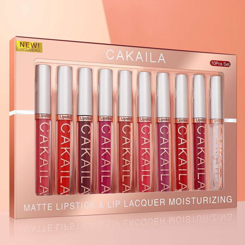 A display of ten Sweet Deals brand Pack Of 10 Matte Nonstick Cup Waterproof Lip Gloss in various shades of red and pink, organized in a clear box labeled &quot;new! matte lipstick &amp; lip lacquer moisturizing 10pcs lipstick&quot;.