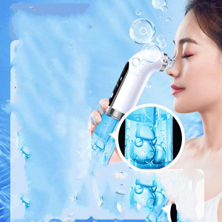 A woman with her eyes closed enjoys using a Sweet Deals Electric Vacuum Blackhead Acne Pore Cleaner that emits water or mist, surrounded by a vibrant graphic of bubbles and water droplets, emphasizing hydration. This device also functions as an effective.