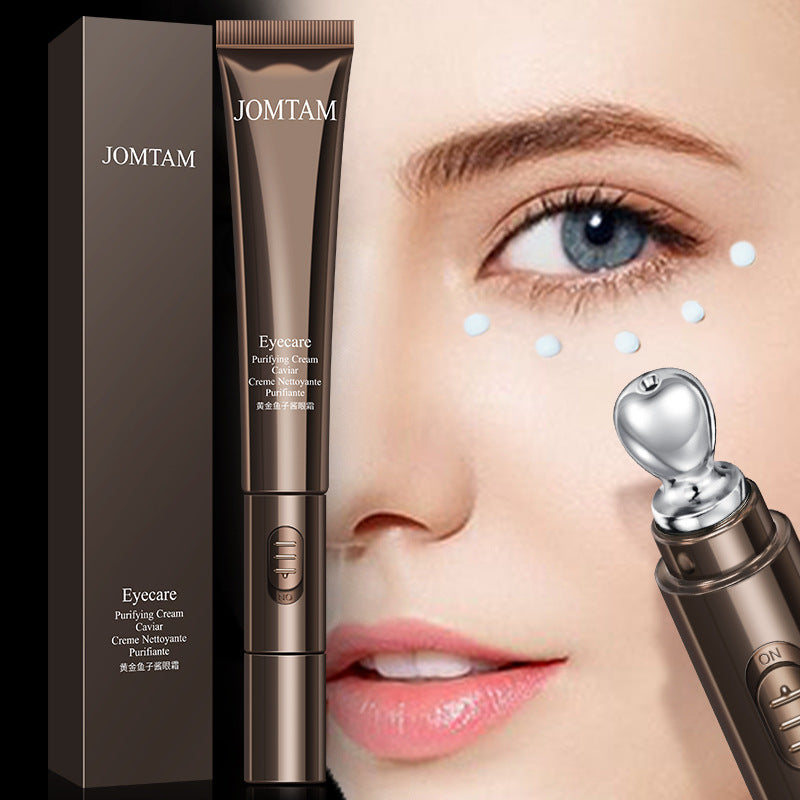 Advertisement image for Sweet Deals Improve Eye Bags Firming Eye Skin Care Products featuring a close-up of a woman’s eyes with product packaging and a metallic applicator highlighted, emphasizing its application on the under-eye area.