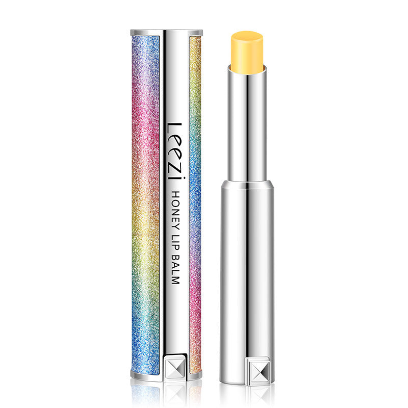 Two Rainbow Star Color Changing Lipstick Warm Gradient Lipstick Honey Moisturizing Makeup containers, one depicted with a sparkly multicolored design and the other metallic with a cap, labeled &quot;moisturizing honey lip balm.&quot; They are set against a Sweet Deals background.