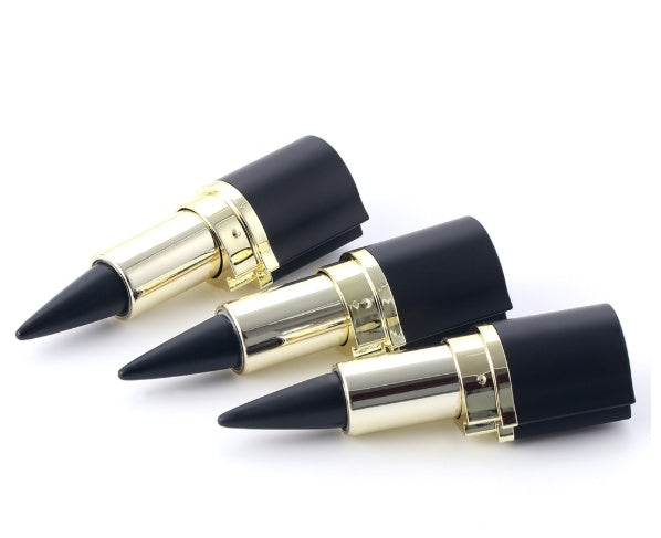 Three Sweet Deals waterproof black eyeliner liquid eye liner pens with golden accents and black caps, crafted from high-quality materials, displayed horizontally on a white background.