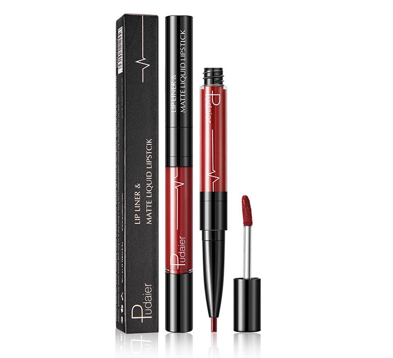 A sleek red matte liquid lipstick with an applicator next to its black packaging labeled &quot;Sweet Deals long lasting lipstick.