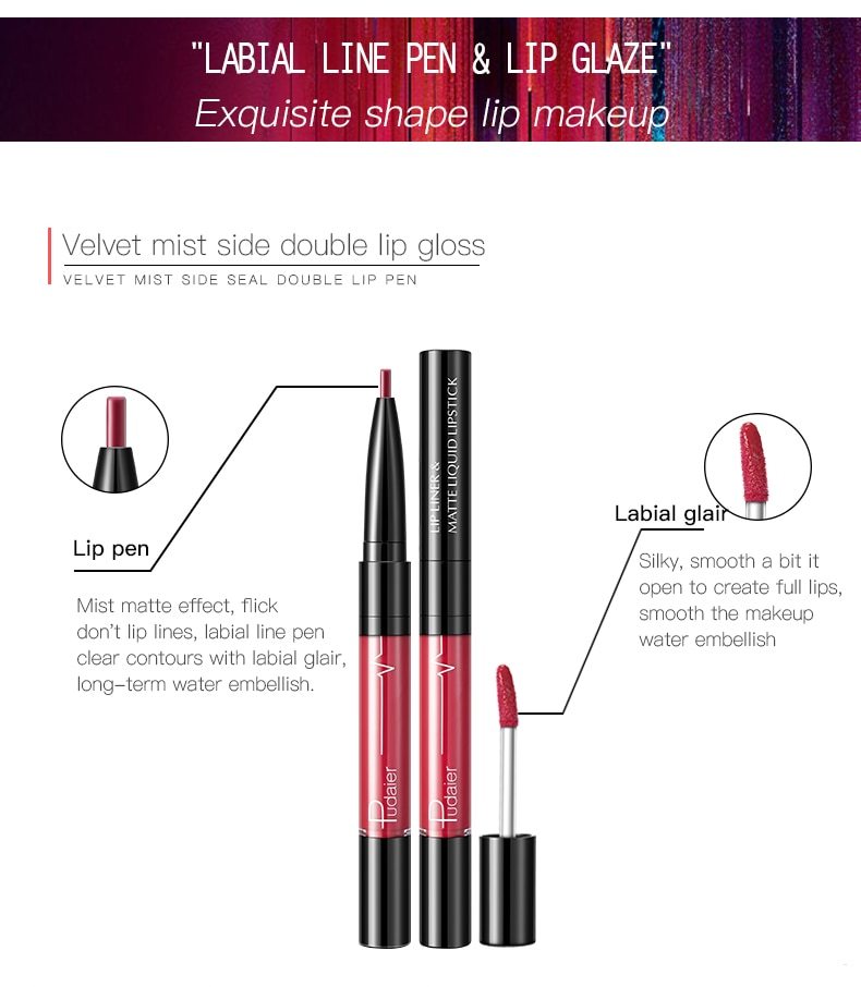 An advertisement for a Sweet Deals dual-ended Pudaier Matte Lip Gloss Lip Liner 2 in1 Maquiagem Profissional Completa Agate Red Lip Tint Plumper Tattoo Makeup liquid Lipstick featuring a matte lip gloss side double lip pen. One end is a lip liner for defining contours, and the other end has labial glair for a