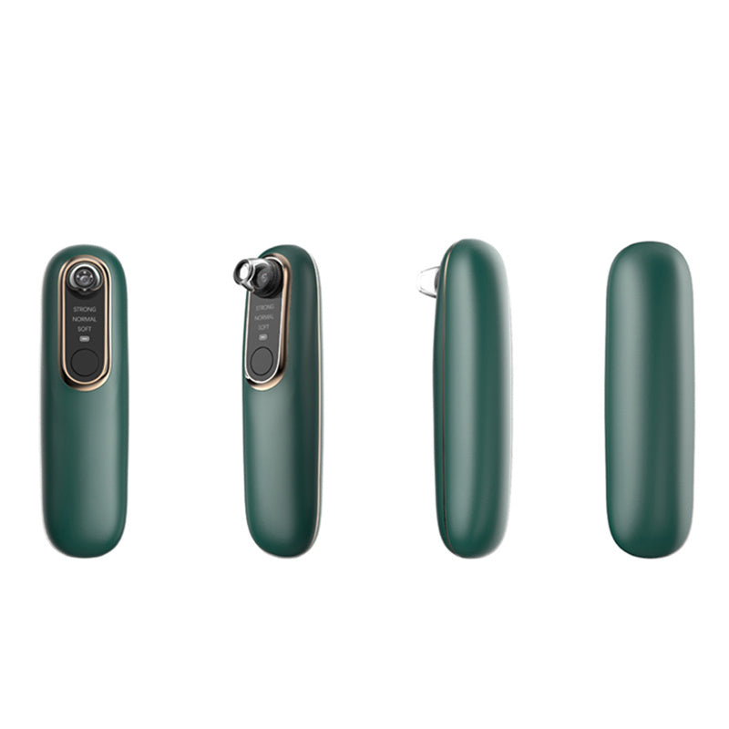 Four views of a dark green Sweet Deals rechargeable hearing aid, showing the device from the front, side with controls and battery capacity visible, back, and another side angle.