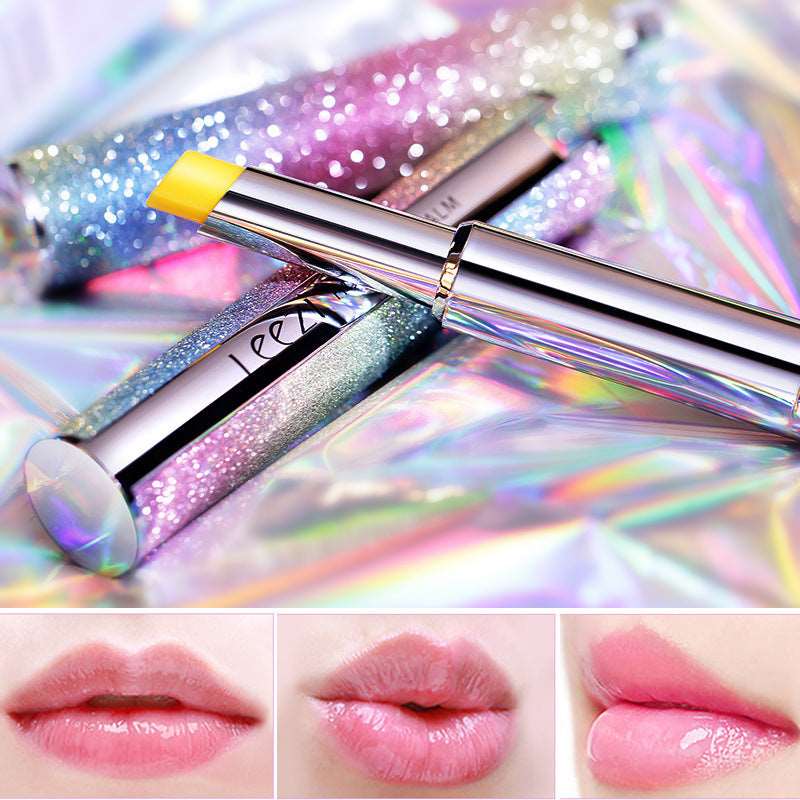 Assorted Rainbow Star color-changing glitter lip gloss tubes on a reflective holographic background with three close-up images showing different shades of pink lip gloss applied on lips.