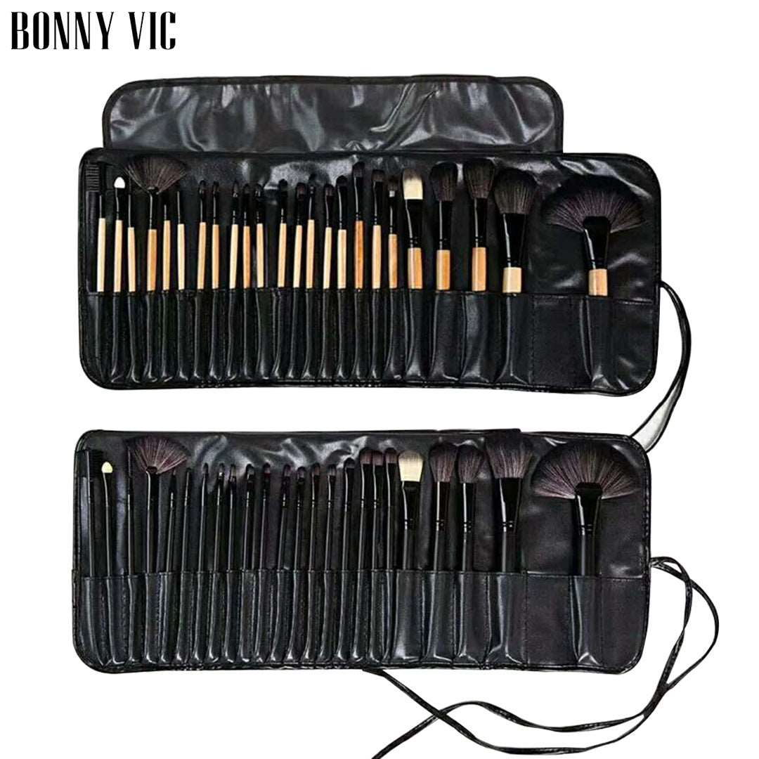 Two sets of Sweet Deals 24 branch brushes makeup brush displayed side-by-side in open black leather cases, showcasing a variety of brush sizes and types, including wood color makeup brushes and animal hair makeup brushes.