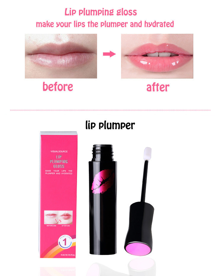 Comparison of lips before and after using Sweet Deals Lip Plumping Gloss Moisturizer Lip Skin Care Essence Anti Aging Anti-Wrinkle Lip Plumper Liquid Serum, with images showing dark lips and then plumper, hydrated lips. Below is the lip plumper product packaging and applicator.