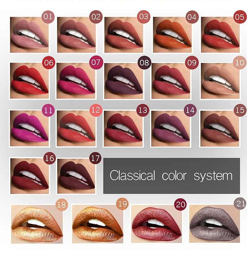 Grid of 21 images showing a variety of Sweet Deals matte lip gloss colors on different sets of lips, labeled from 01 to 21, each depicting a different shade from nudes to bolds under the