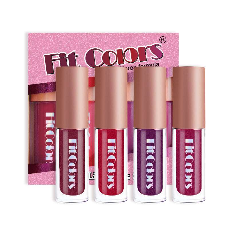 Four tubes of Sweet Deals Metallic Non-stick Cup Pearlescent Diamond Lip Gloss in varying shades of pink and red displayed in front of their packaging with a sparkly pink background.