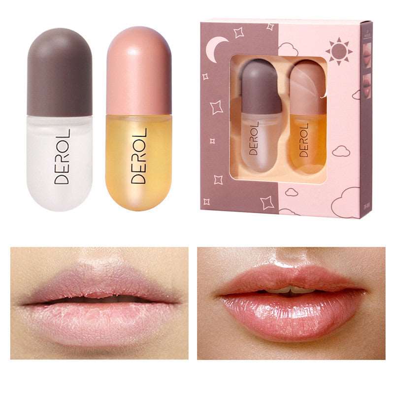 Collage of Sweet Deals lip care products and results. Top images show two Sweet Deals lip balm containers and a boxed set of Sweet Deals Day Night Instant Volume Lip Plumper Oil Clear. Bottom images display before and after application, with plumper and lasting nourishing results.