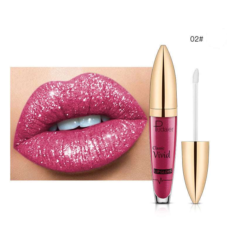 A close-up of shimmering pink lips paired with an image of a Pudaier Sip Glitter Flip Matte Shimmer Lip Gloss in a golden tube labeled &quot;Sweet Deals Classic Vivid.
