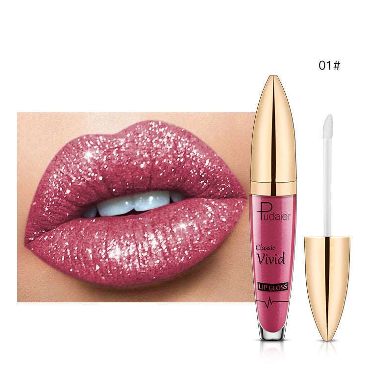 An image of sparkling pink lips next to a tube of Sweet Deals Pudaier Sip Glitter Flip Matte Shimmer Lip Gloss No Stain On Cup Diamond Lipstick with a gold cap and white applicator, marked with the product number &quot;01